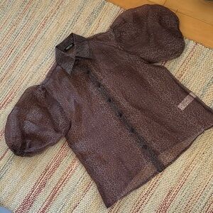 NASTY GAL leopard spot sheer button down with dramatic puff sleeves